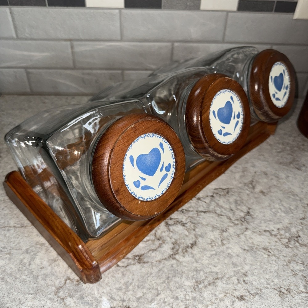 Vtg Glass 3 Canister Set Blue Heart Wood Top Counter Rack Farmhouse Kitchen